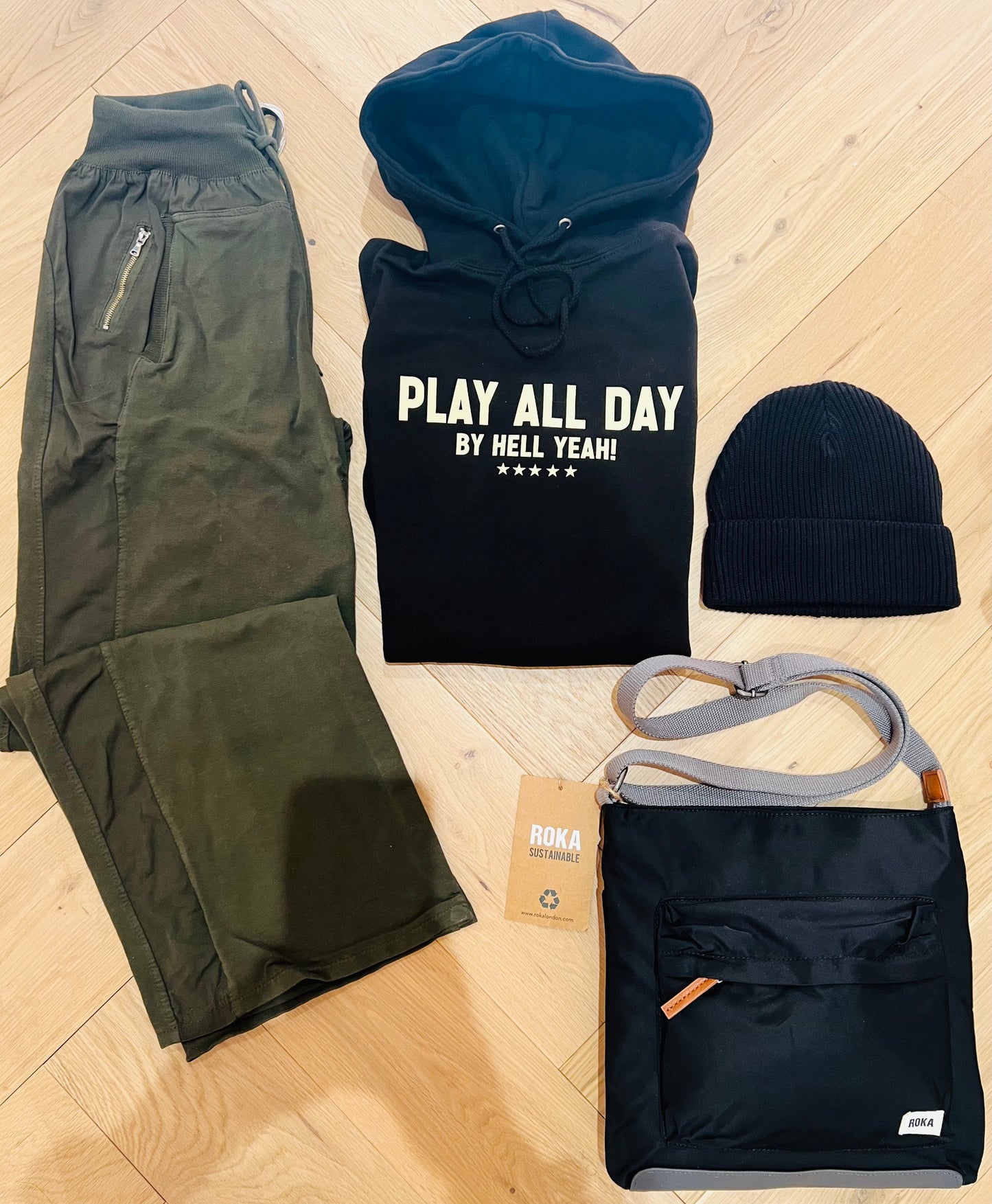 PLAY ALL DAY CHEST LOGO BLACK OVERSIZED HOODY WITH HELL YEAH CUFF LOGO