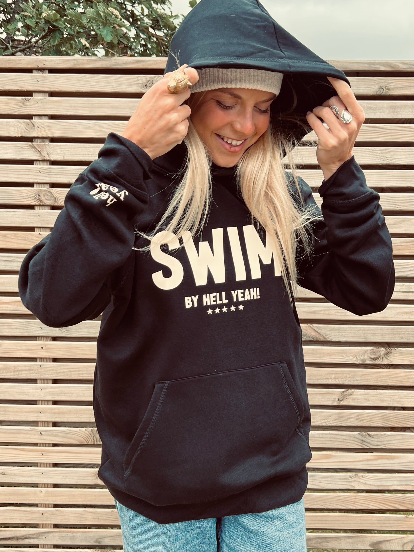 NEW IN SWIM CHEST LOGO BLACK OVERSIZED HOODY WITH HELL YEAH CUFF LOGO
