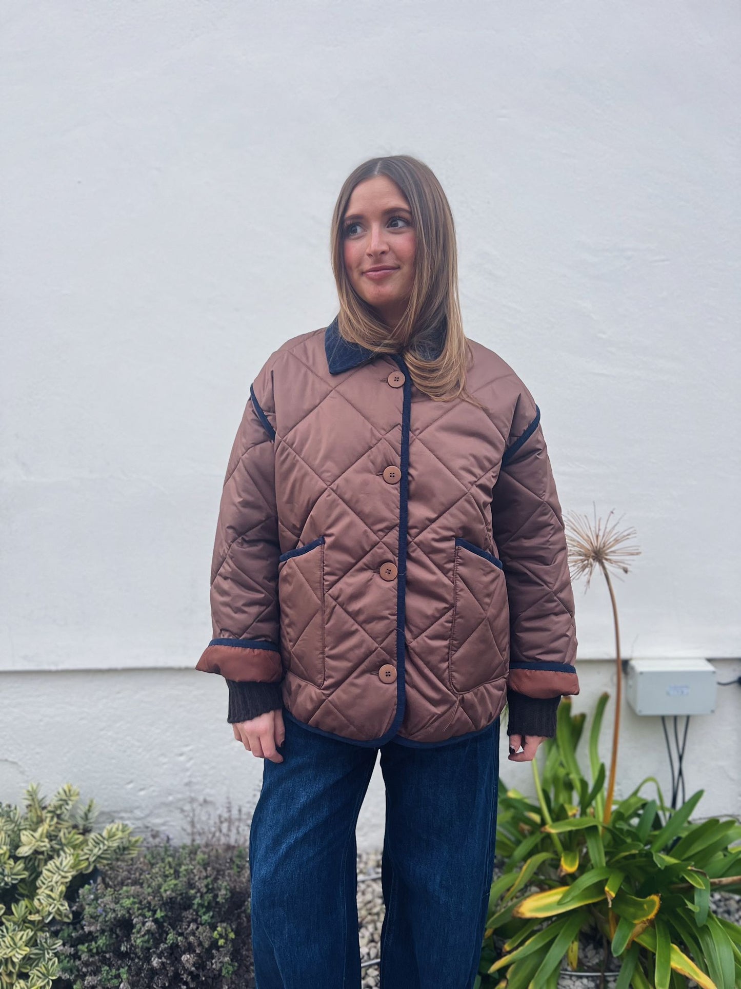 QUILTED CHOCOLATE AND NAVY TRIM CORD JACKET