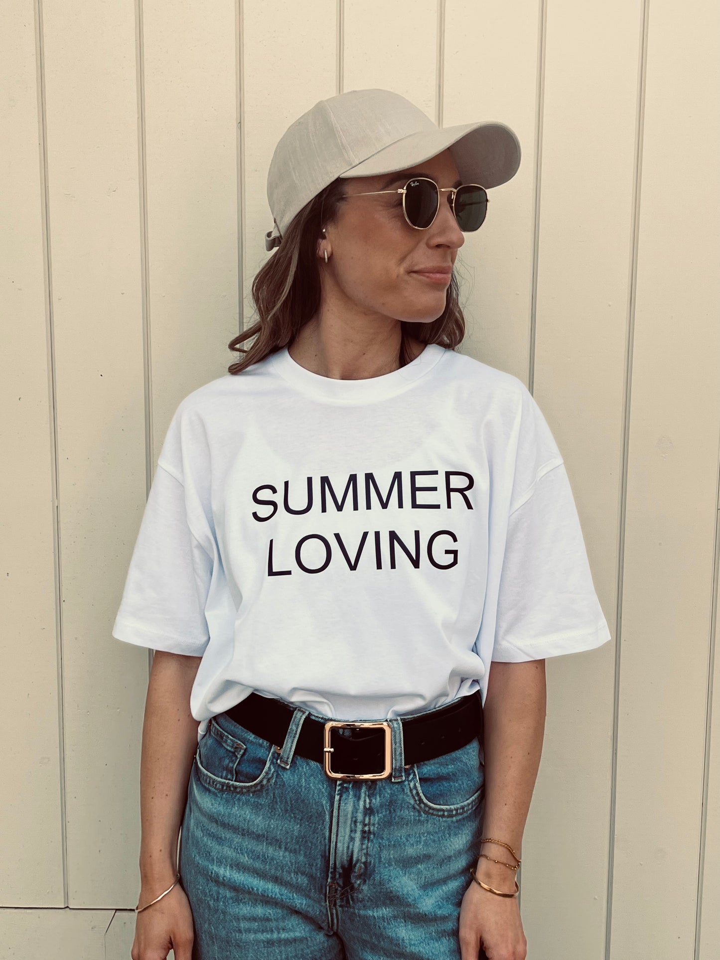 Summer Loving Slogan Boxy White Fit Organic Cotton Tee with a Navy font.