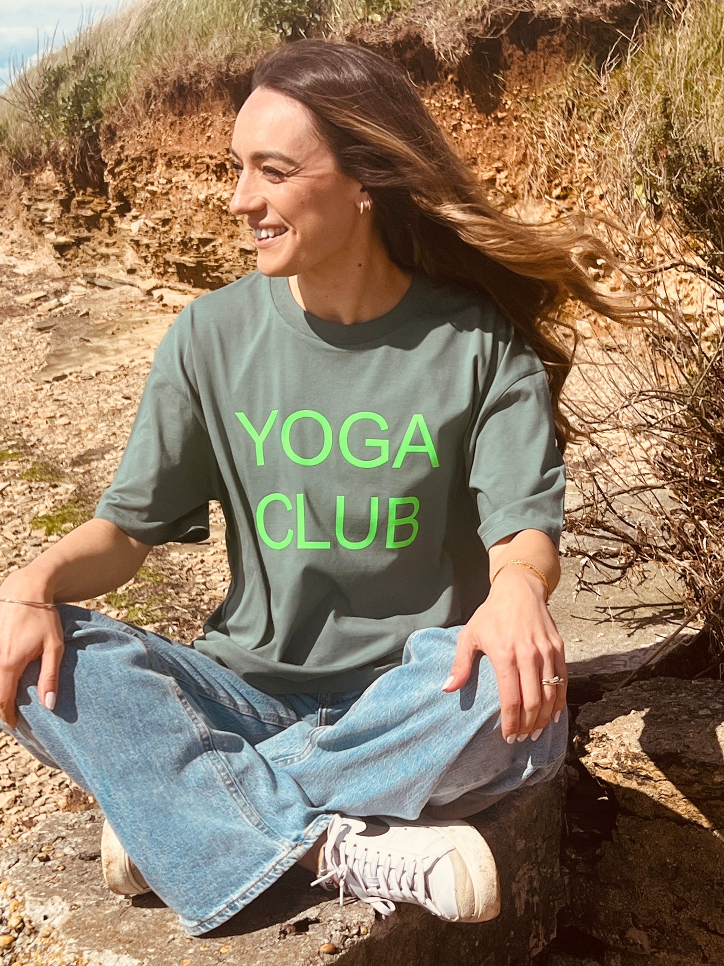 Yoga Club Boxy Fit Organic Cotton Tee - Sage Green  with a Neon Lime font.