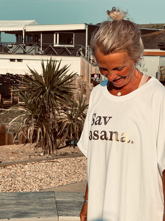 Savasana Gold Slogan Organic Cotton White Tee - Very Cool Loose T
