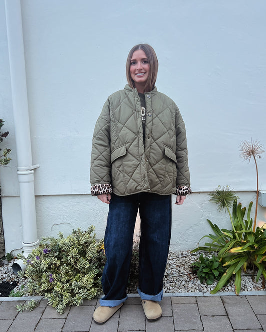QUILTED KHAKI JACKET WITH LEOPARD LINING