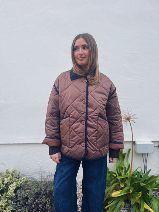 QUILTED CHOCOLATE AND NAVY TRIM CORD JACKET
