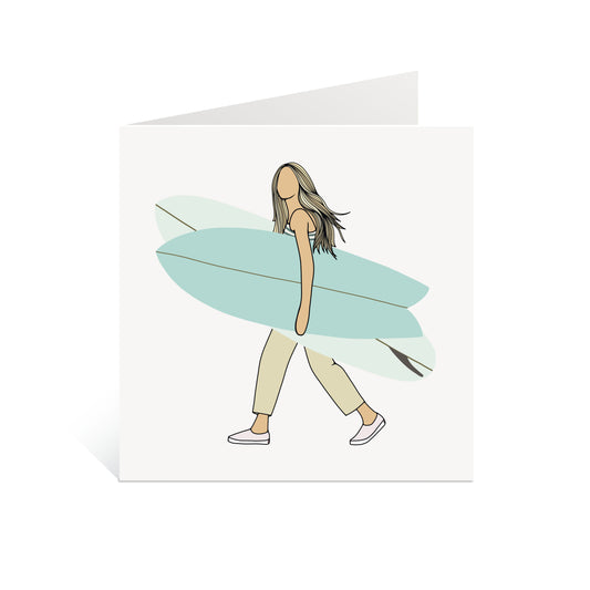 Surf Board Girl Greeting Card -Surf Culture Art - New In