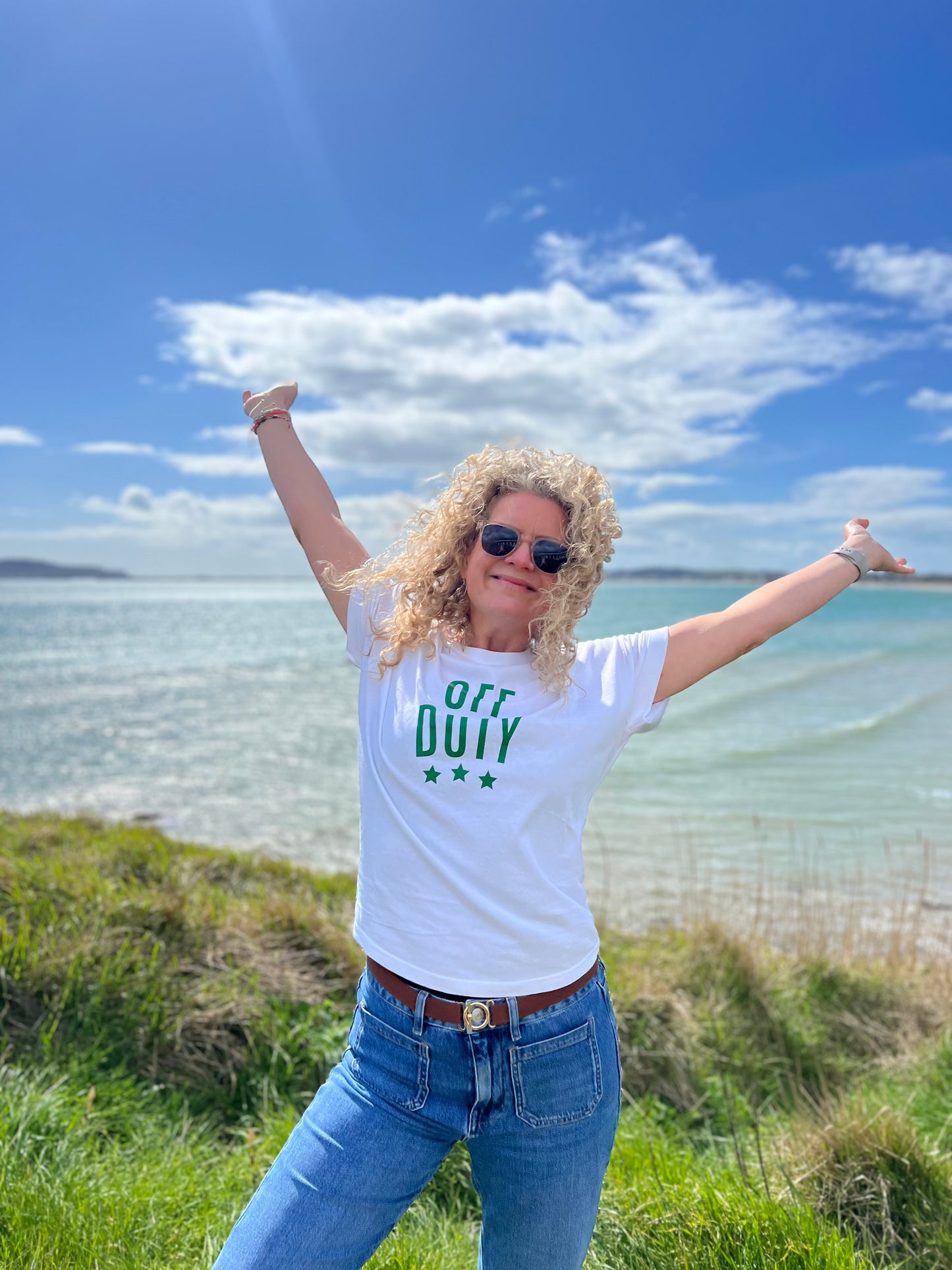 Off Duty  White Loose Fit T- Shirt  With Emerald  Green Font