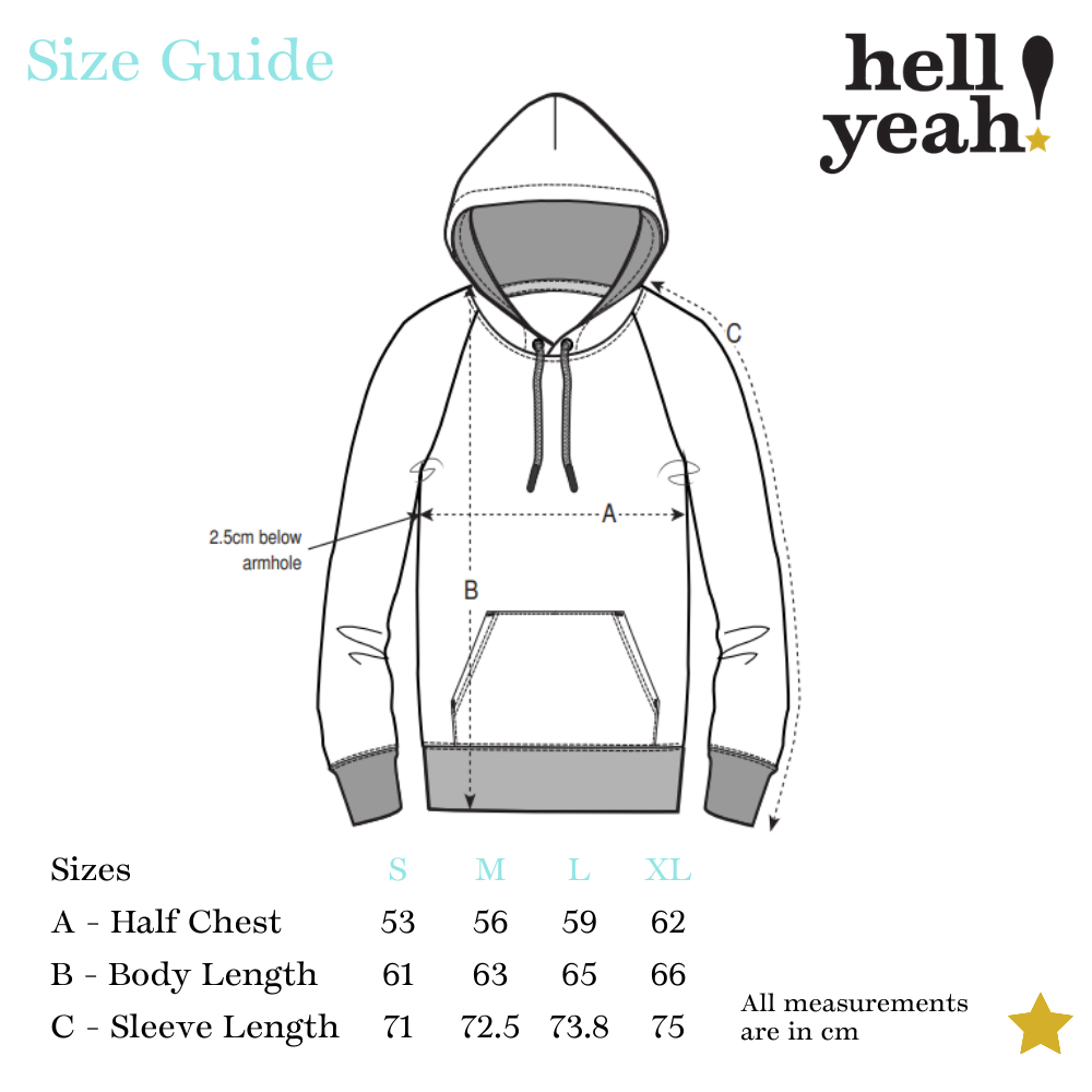 Hell Yeah Hoody Size Guide (cm)